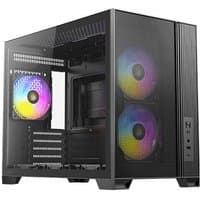 Black Antec FLUX M Micro Tower with tempered glass panels and RGB fans, featuring front I/O ports and sleek design.