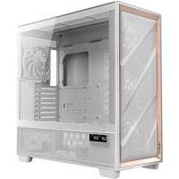 White Antec FLUX PRO full tower case with wood accents, mesh front panel, tempered glass side, and spacious interior.