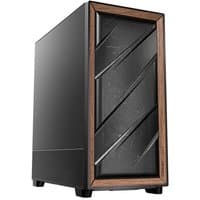 Black Antec FLUX SE Midi Tower with diagonal wood front panel accents and sleek, minimalist design.