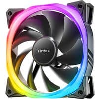 Black Antec Fusion 120 ARGB computer case fan with multicolor LED ring and sleek black blades, set of three fans.