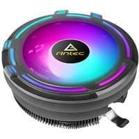 Black Antec T120 chipset air cooler with 12 cm fan, RGB lighting, and sleek circular design.