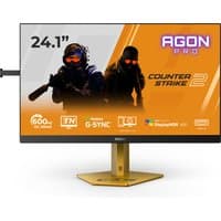 AOC AGON PRO CS24A monitor, 24.1", 1920x1080, black frame, gold stand, Counter Strike 2 graphics on screen.