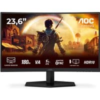 Curved black AOC G4 C24G42E 23.6" gaming monitor with 180Hz refresh rate, VA panel, and HDR10 support.