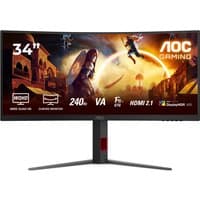 Curved AOC G4 CU34G4Z 34" WQHD gaming monitor, 240Hz, black frame, red accents, sleek stand, vibrant display.