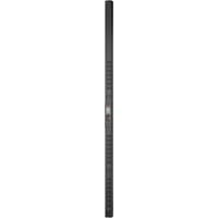 Black APC APDU9959EU3 PDU with 24 AC outlets, vertical 0U design, sleek and elongated for efficient power distribution.