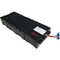 Black APC battery cartridge APCRBC116 with red and blue connectors, rectangular shape, labeled on top.