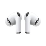 White Apple AirPods Pro 3 earbuds with sleek design, black accents, and USB-C charging port.