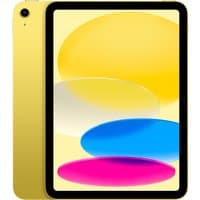 Yellow Apple iPad 11-inch Wi-Fi 256GB with sleek design, black bezel, and vibrant display showing colorful abstract shapes.