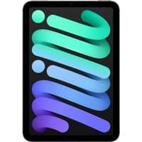 Grey Apple iPad mini 7th Gen 8.3in with Wi-Fi+Cellular, 128GB storage, black bezel, and colorful screen display.