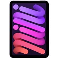 Purple Apple iPad mini Wi-Fi 128GB with sleek design, black bezel, and vibrant display showing colorful abstract pattern.