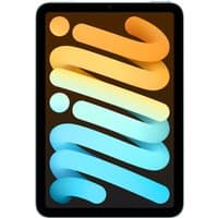 Blue Apple iPad mini Wi-Fi 256GB with a sleek design, black bezel, and colorful display showing abstract shapes.