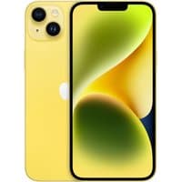Yellow Apple iPhone 14 Plus, 256GB, dual rear cameras, edge-to-edge display, and sleek rounded edges.