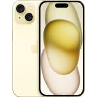 Yellow Apple iPhone 15 512GB with dual rear cameras and edge-to-edge display showing abstract yellow wallpaper.
