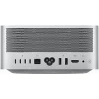 Silver Apple Mac Studio M2 Max desktop with multiple rear ports, including USB-C, HDMI, and Ethernet.