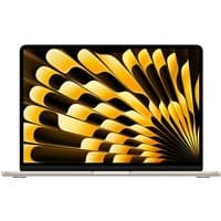 Starlight Apple MacBook Air 13-inch with M2 chip, sleek design, black keyboard, and vibrant yellow abstract screen display.