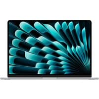 Silver Apple MacBook Air M4 laptop, 15.3-inch display, sleek design, thin bezels, vibrant screen pattern.