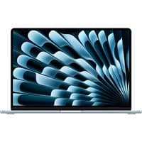 Sequoia Blue Apple MacBook Air M4, 15.3" display, sleek design, thin bezels, keyboard visible, vibrant screen pattern.