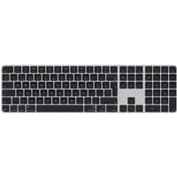 Black Apple Magic Keyboard, USB and Bluetooth, QWERTY UK layout, slim design with numeric keypad.