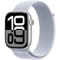 Apple Watch Series 10 GPS, 46mm silver aluminum case, blue cloud sport loop, digital display with bold numbers.