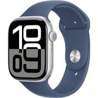 Apple Watch Series 10, 46mm silver aluminum case, denim sport band, large digital display.