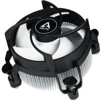 Black and white ARCTIC Alpine 17 CPU cooler with circular fan and heat sink fins.