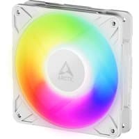 White ARCTIC Freezer P12 Pro A-RGB 120mm fan with rainbow LED lights and cable, featuring a central Arctic logo.