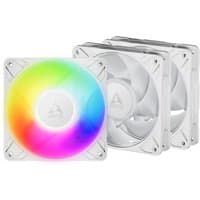 White ARCTIC Freezer P12 Pro A-RGB 120 mm fans, 3-pack, with colorful LED lighting and sleek design.