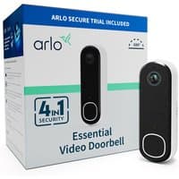 Arlo Essential Video Doorbell HD, black and white with camera lens, button, and rectangular design, next to packaging.