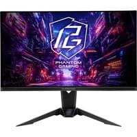 ASRock 27" QHD QD-OLED gaming monitor with 360Hz refresh, sleek black design, and vibrant display showing Phantom Gaming logo.