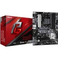 ASRock B550 Phantom Gaming 4 motherboard, black with silver accents, next to red and black packaging.