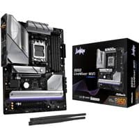 ASRock B850 LiveMixer WiFi ATX motherboard, black with silver accents, includes antennas and branded packaging.