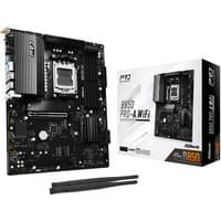 ASRock B850 Pro-A WiFi ATX motherboard, black with silver accents, AM5 socket, dual antennas, next to branded box.