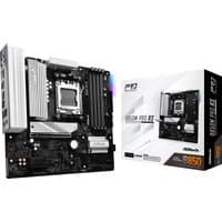 ASRock B850M Pro RS micro ATX motherboard with silver heatsinks, black PCB, and accompanying product box.