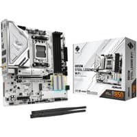ASRock B850M Steel Legend WiFi micro ATX motherboard, silver and black design, with box and antennas.