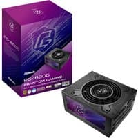 Black ASRock PG-1600G power supply unit, 1600W, 24-pin ATX, with fan grill and purple-accented packaging.