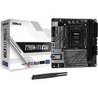 ASRock Z790M-ITX WiFi motherboard, black with silver accents, LGA 1700 socket, includes antennas and branded box.