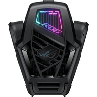Black ASUS AeroActive Cooler X with RGB lighting and angular design, featuring vents and ROG branding.