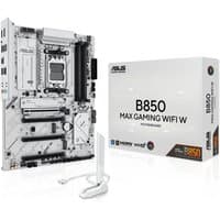 ASUS B850 MAX GAMING WIFI motherboard, white with black accents, AM5 socket, ATX form, includes WiFi antenna.