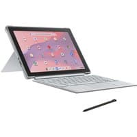 Silver ASUS Chromebook CM30 detachable with 10.5" touchscreen, keyboard, and stylus, running ChromeOS.
