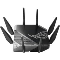 Black ASUS GT-AXE11000 router with eight antennas, tri-band support, and sleek angular design.