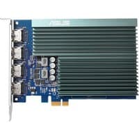 ASUS GT730 graphics card, blue PCB, large green heatsink, four HDMI ports, PCIe connector.