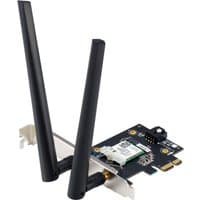 ASUS PCE-BE6500 WLAN/Bluetooth card with dual black antennas and PCIe connector.