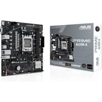 ASUS PRIME A620M-K micro ATX motherboard, black PCB, silver heatsinks, with packaging box displaying product image.