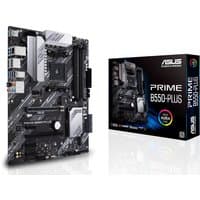 ASUS PRIME B550-PLUS ATX motherboard with black PCB, silver heatsinks, and PCIe slots, next to product box.