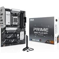 ASUS PRIME B840-PLUS WIFI motherboard, black ATX form, silver heatsinks, with antenna and packaging box.