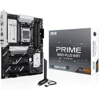 ASUS PRIME B850-PLUS WIFI ATX motherboard, black with silver accents, includes WiFi antenna and packaging box.