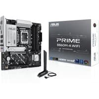 ASUS PRIME B860M-A WIFI micro ATX motherboard with black PCB, silver heatsinks, and included WiFi antenna.