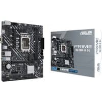 ASUS PRIME H610M-K D4 micro ATX motherboard with black PCB, silver heatsinks, and LGA 1700 socket, next to its box.