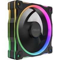ASUS Prime MR120 ARGB Reverse Black fan, 12 cm, with rainbow LED lights and sleek black frame.