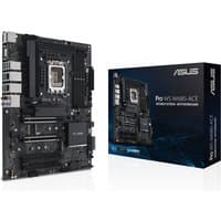 ASUS PRO WS W680-ACE motherboard, black with multiple slots, ports, and heatsinks, next to branded packaging box.